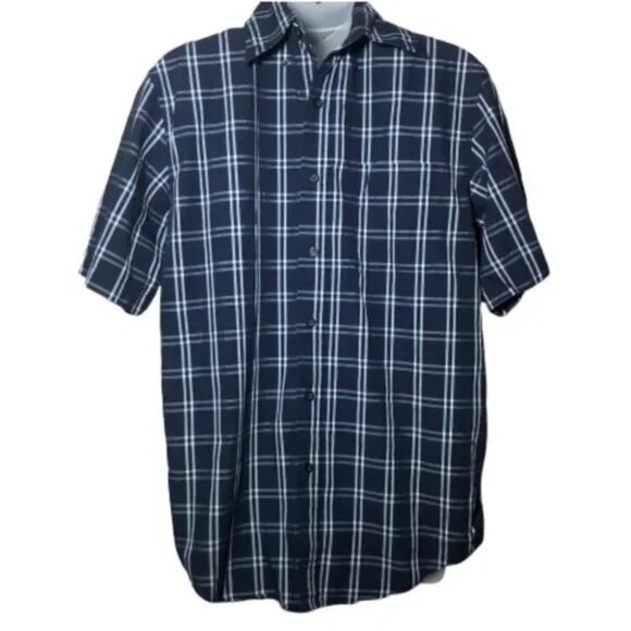 BASIC EDITIONS MEN'S SHORT SLEEVE NAVY BLUE/WHITE PLAID BUTTON DOWN SHIRT SMALL - Picture 1 of 4